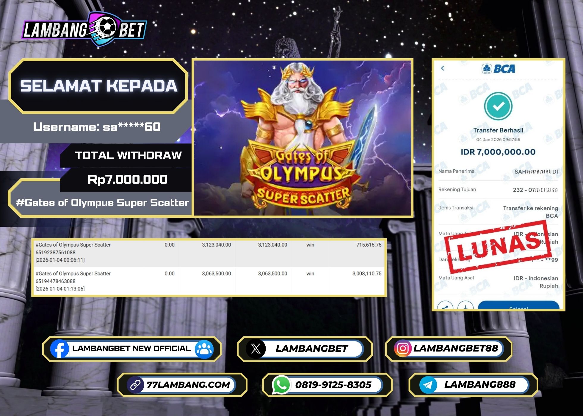 LAMBANGBET [4 JANUARI 2025] JACKPOT SLOT Gates of Olympus Super Scatter "Rp7.000.000" LUNAS